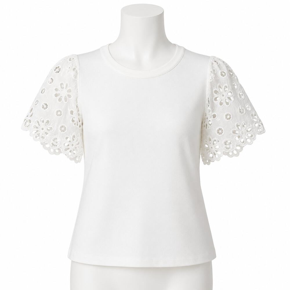 Rebecca Taylor Cottagecore White Pinwheel Lace Sleeve Tee - Size XS